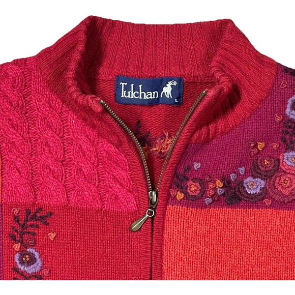 Vintage Tulchan Women's Large Zip Cardigan 100% Wool Red Floral Embroidered Fall - Picture 3 of 8